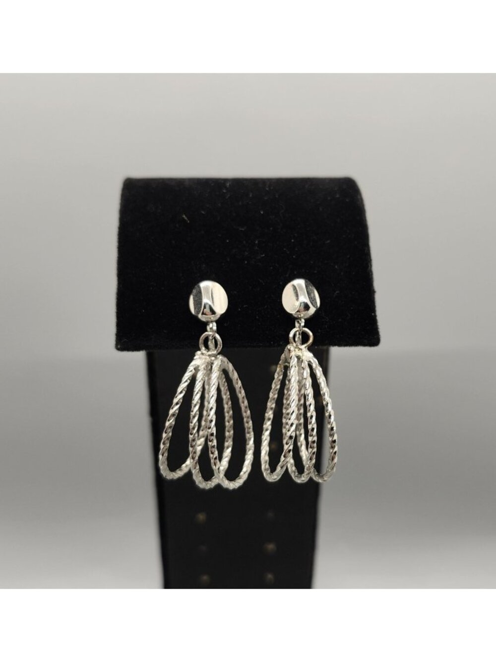Silver Tone Dangle Teardrop Earrings 4.2cm Long Textured Rope Screw Back Clip-On